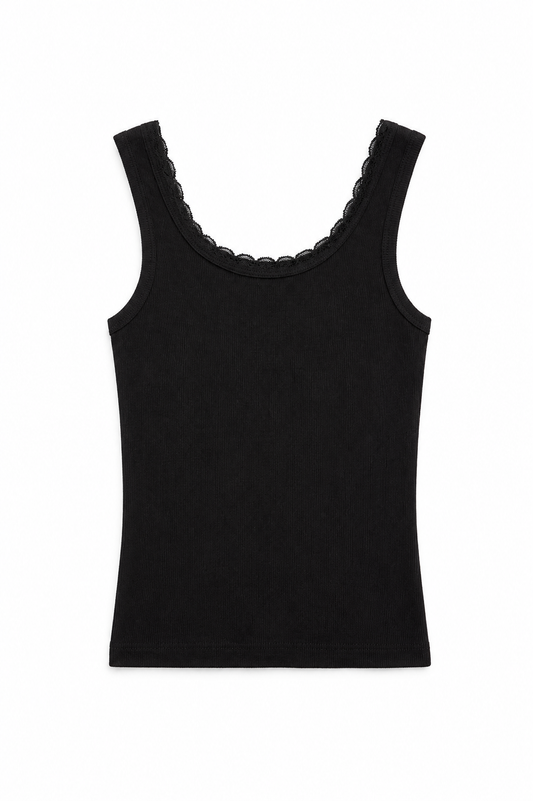 Stella Black Ribbed Tank Lace Trim
