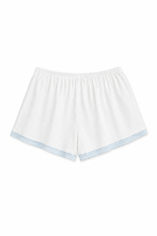 Teddy White With Pastel Blue Lace Heart Pointelle Shorts