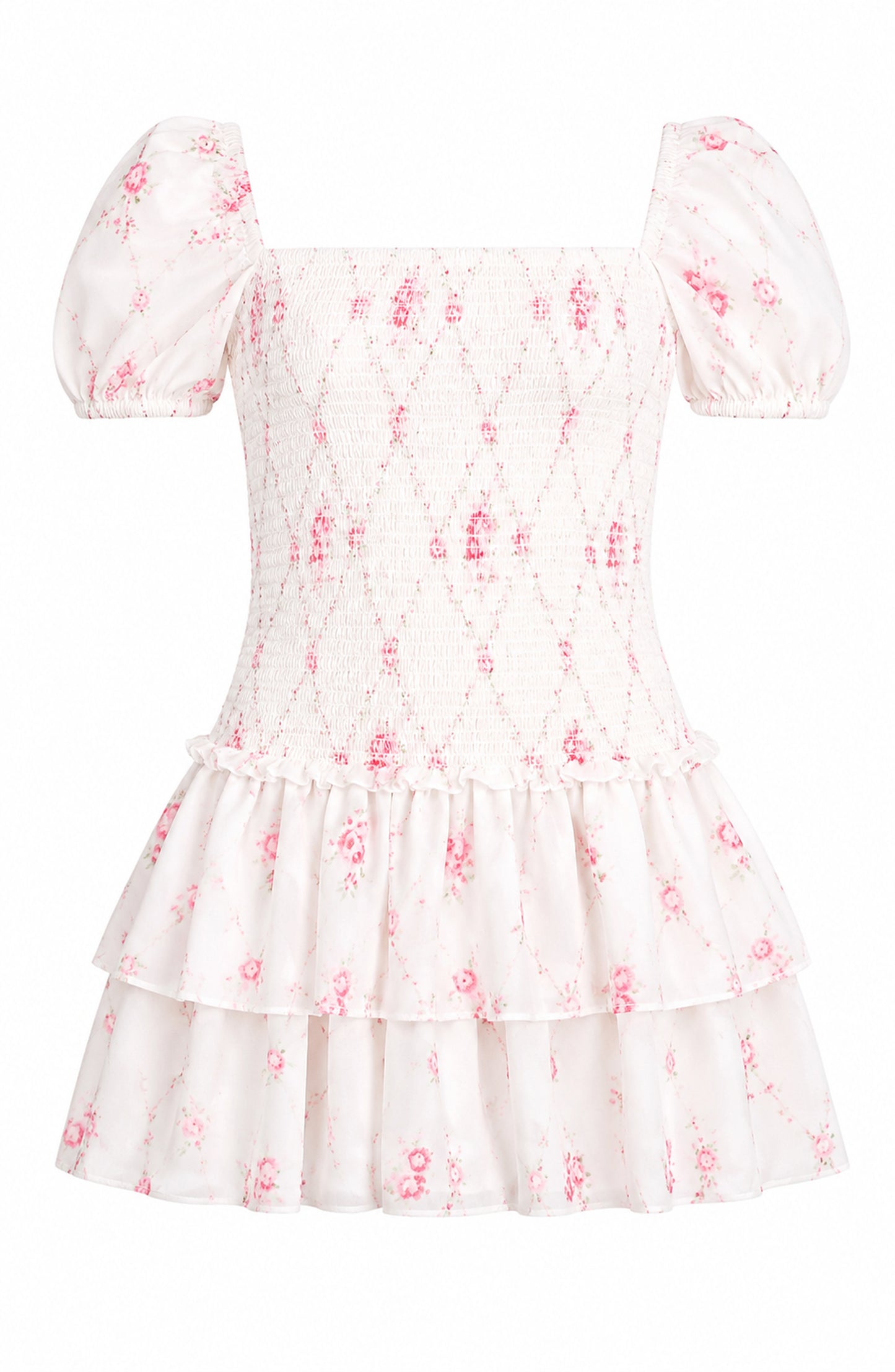 Lexi Vintage Romantic Rose Satin Smocked Short Sleeve Ruffle Dress
