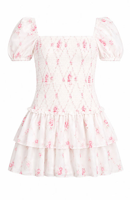 Lexi Vintage Romantic Rose Satin Smocked Short Sleeve Ruffle Dress