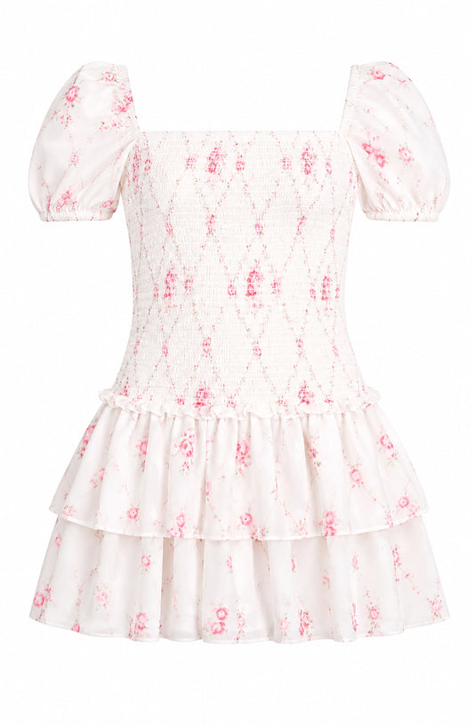 Lexi Vintage Romantic Rose Satin Smocked Short Sleeve Ruffle Dress