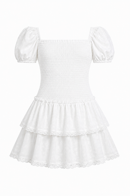 Lexi White Heart Smocked Short Sleeve Ruffle Dress