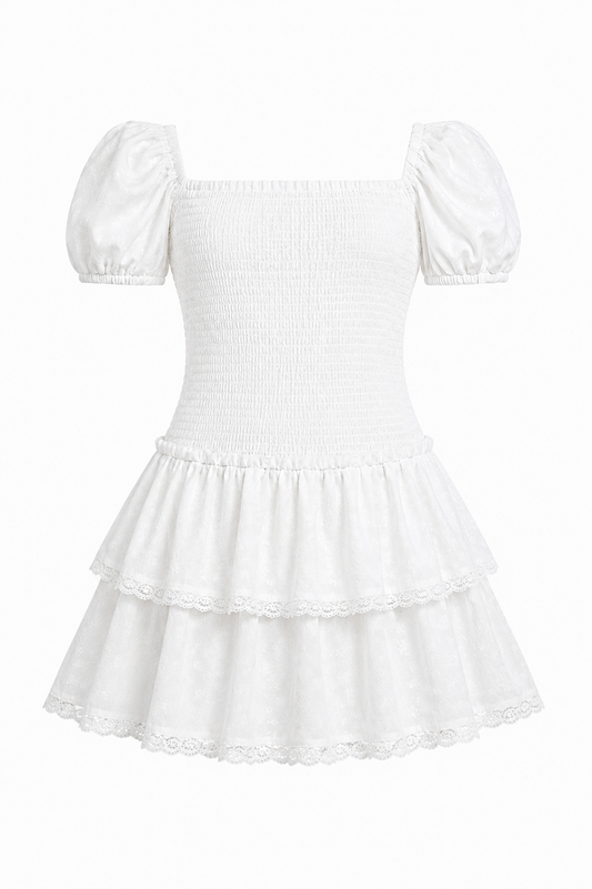 Lexi White Heart Smocked Short Sleeve Ruffle Dress