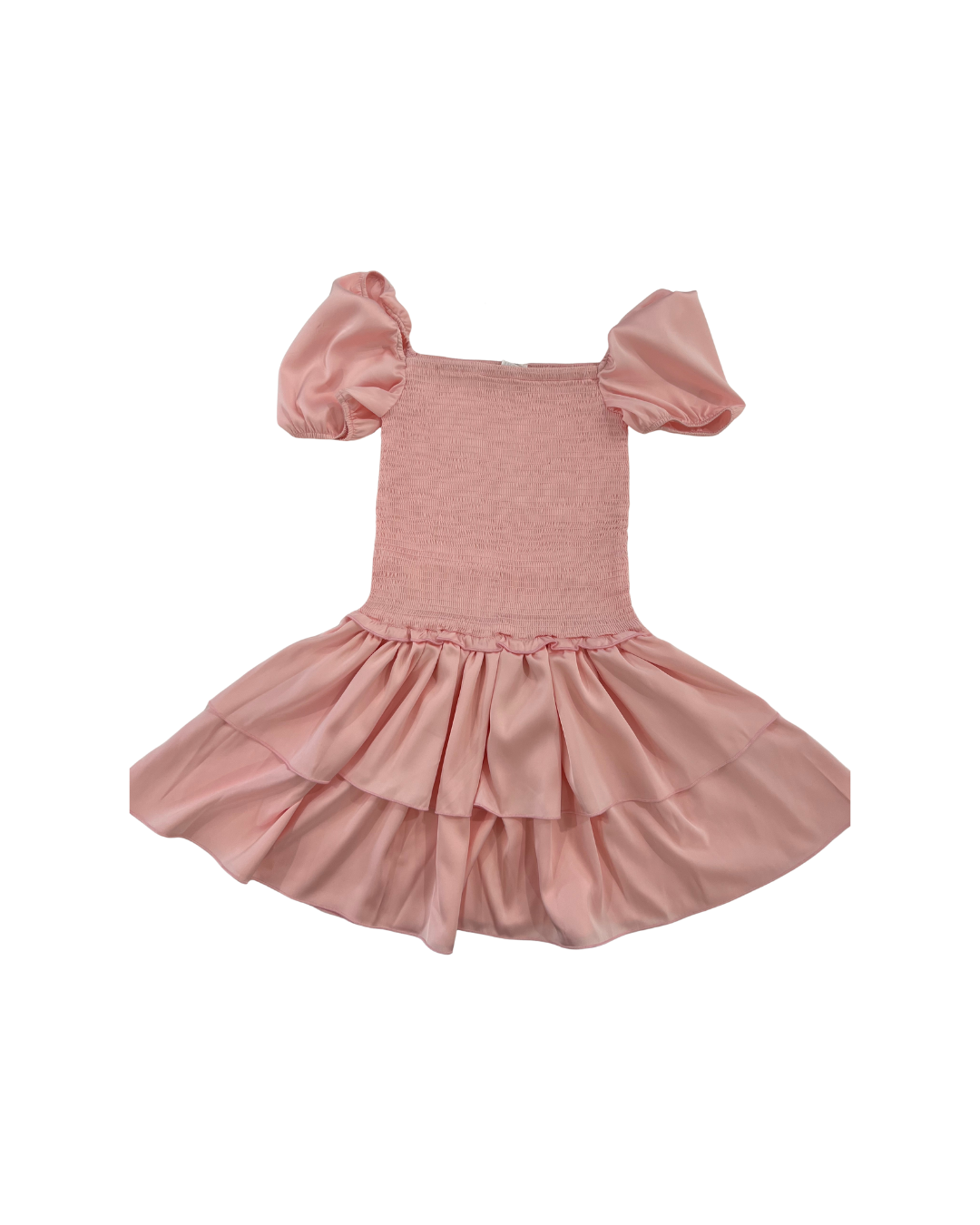 Lexi Ballet Pink Satin Smocked Short Sleeve Ruffle Dress