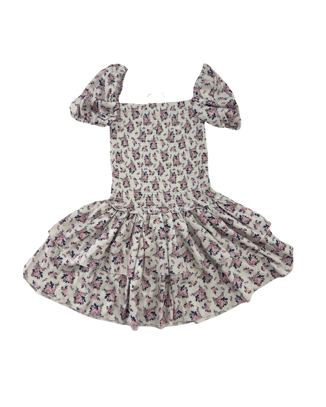 Lexi Romantic Rose Satin Smocked Short Sleeve Ruffle Dress