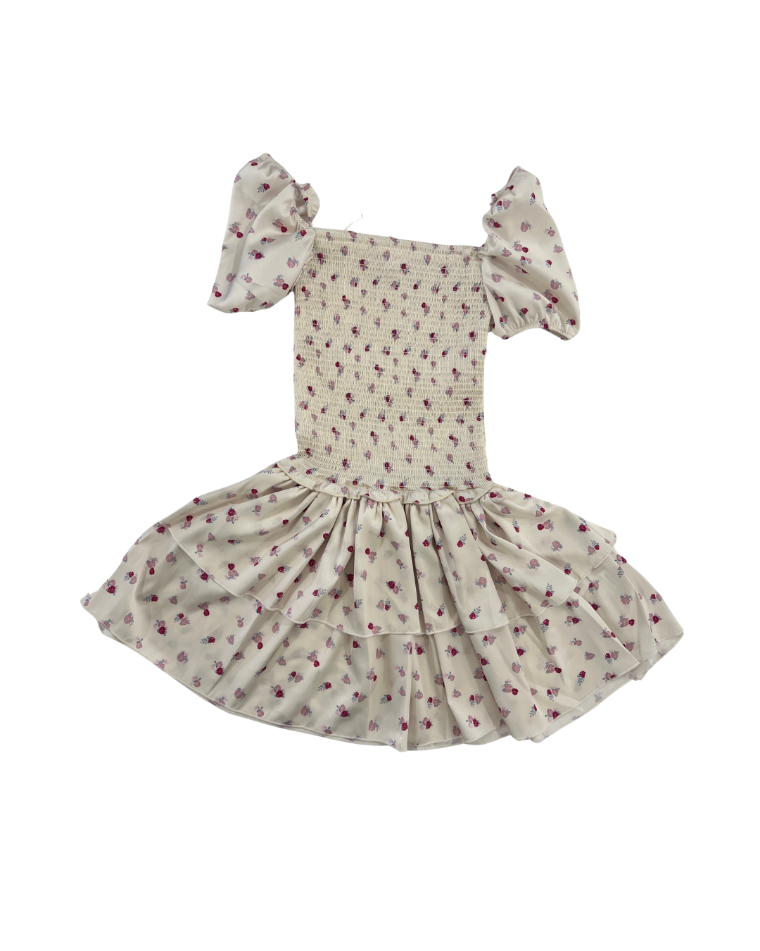 Lexi Theme Ditsy Champagne Satin Smocked Short Sleeve Ruffle Dress