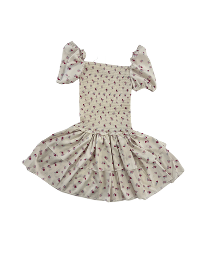 Lexi Theme Ditsy Champagne Satin Smocked Short Sleeve Ruffle Dress