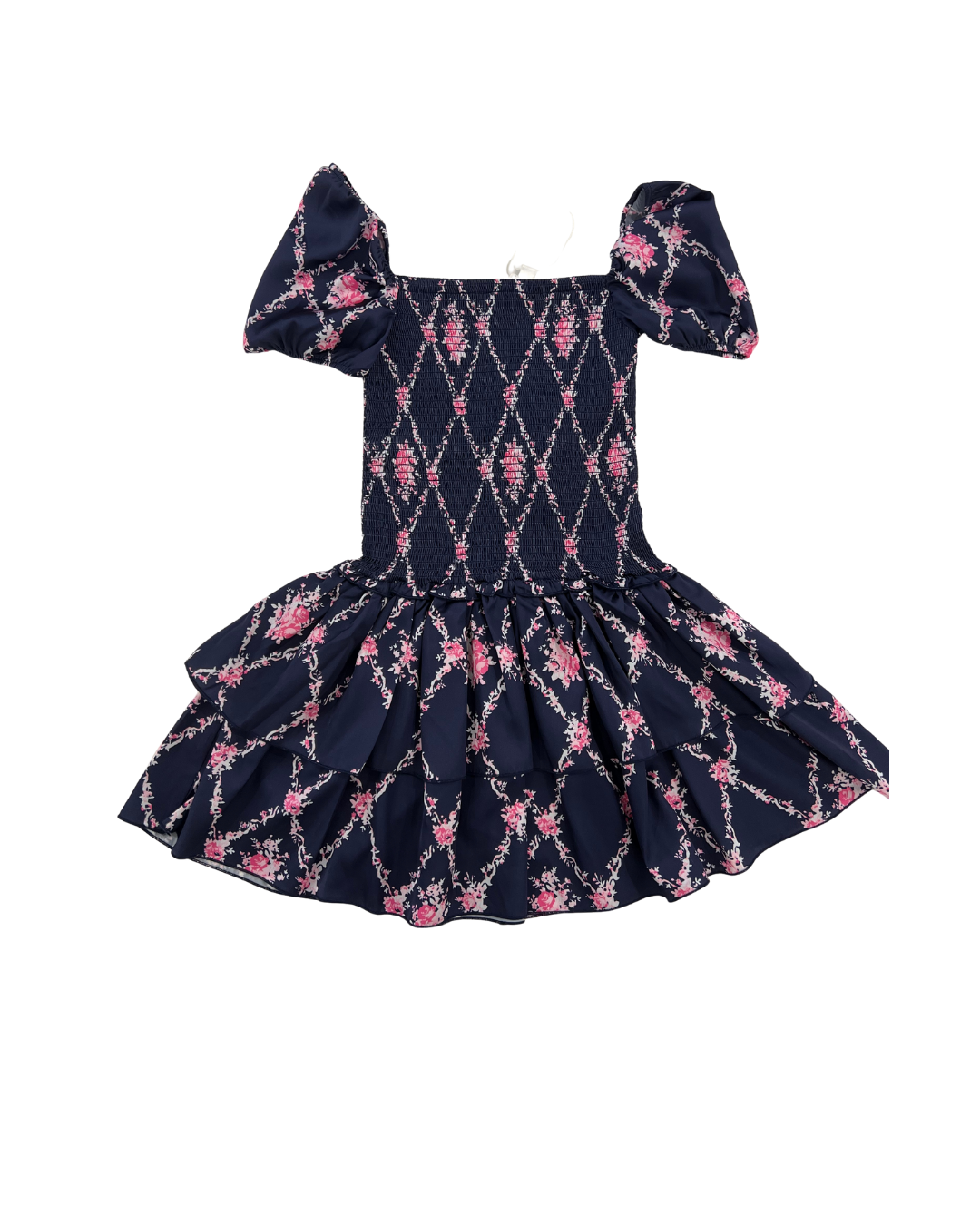 Lexi Vintage Rose Navy Satin Smocked Short Sleeve Ruffle Dress