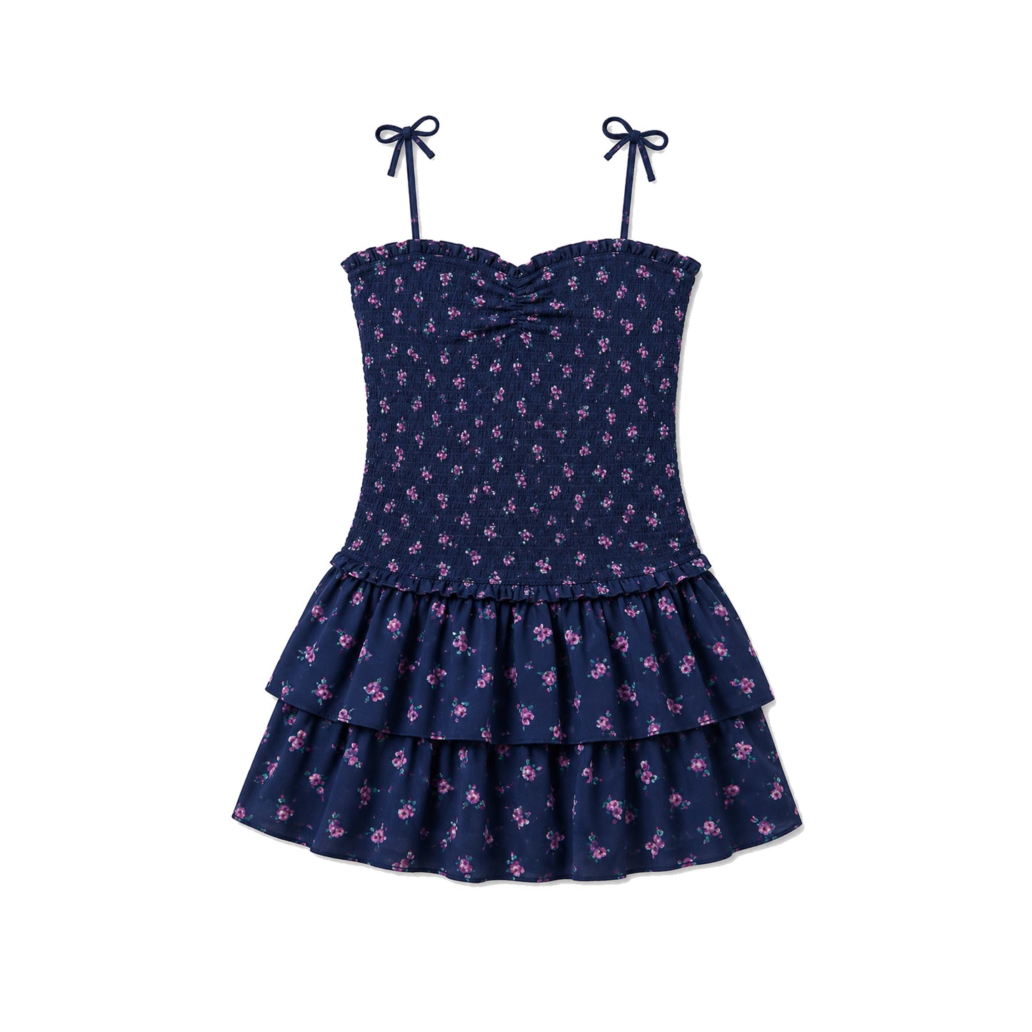 Lola Navy Rose Satin Smocked Ruffle Dress (S26)