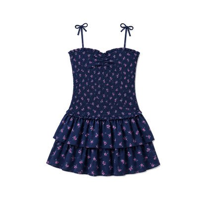 Lola Navy Rose Satin Smocked Ruffle Dress (S26)