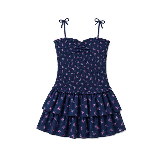 Lola Navy Rose Satin Smocked Ruffle Dress (S26)