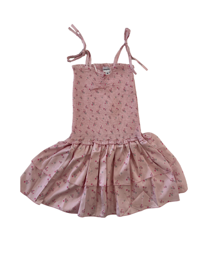 Lola Theme Ditsy Ballet Pink Satin Smocked Ruffle Dress