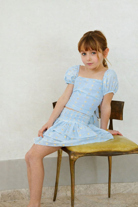 Noa Pastel Blue Heart Lurex Tie Back Top