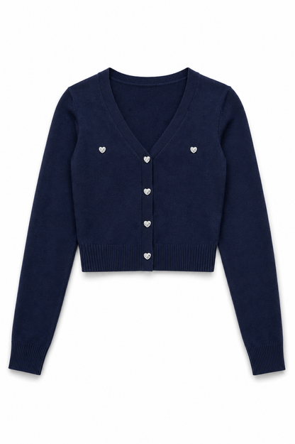 Mickey Lighter Navy With Heart Diamond Buttons Sweater Cardigan