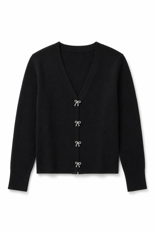 Mickey Black With Bow Buttons Sweater Cardigan