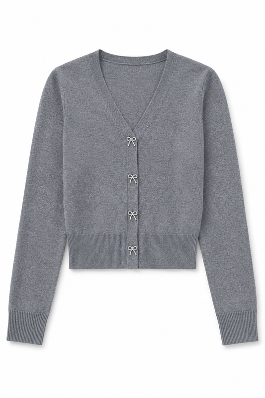 Mickey Mid Grey With Bow Diamond Buttons Sweater Cardigan