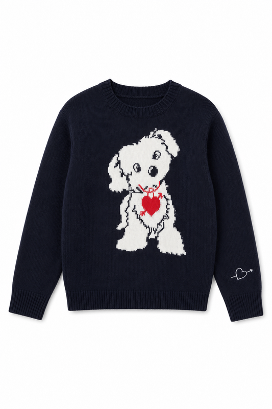 Tiegan Navy Puppy Graphic Graphic Sweater
