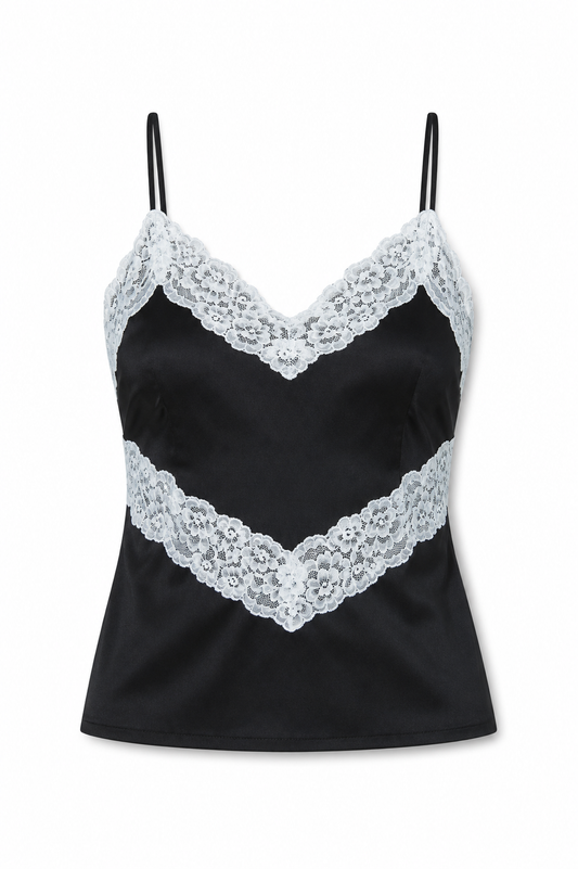 Margot Black With Cream Lace Satin Tank With Lace Trim