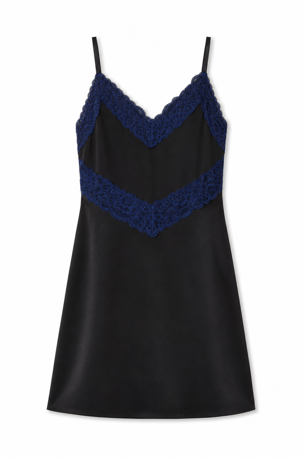 Jewels Black With Navy Lace Satin Dress With Lace Trim