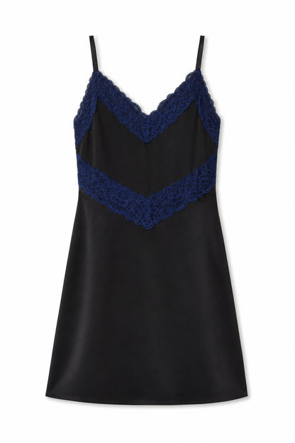 Jewels Black With Navy Lace Satin Dress With Lace Trim