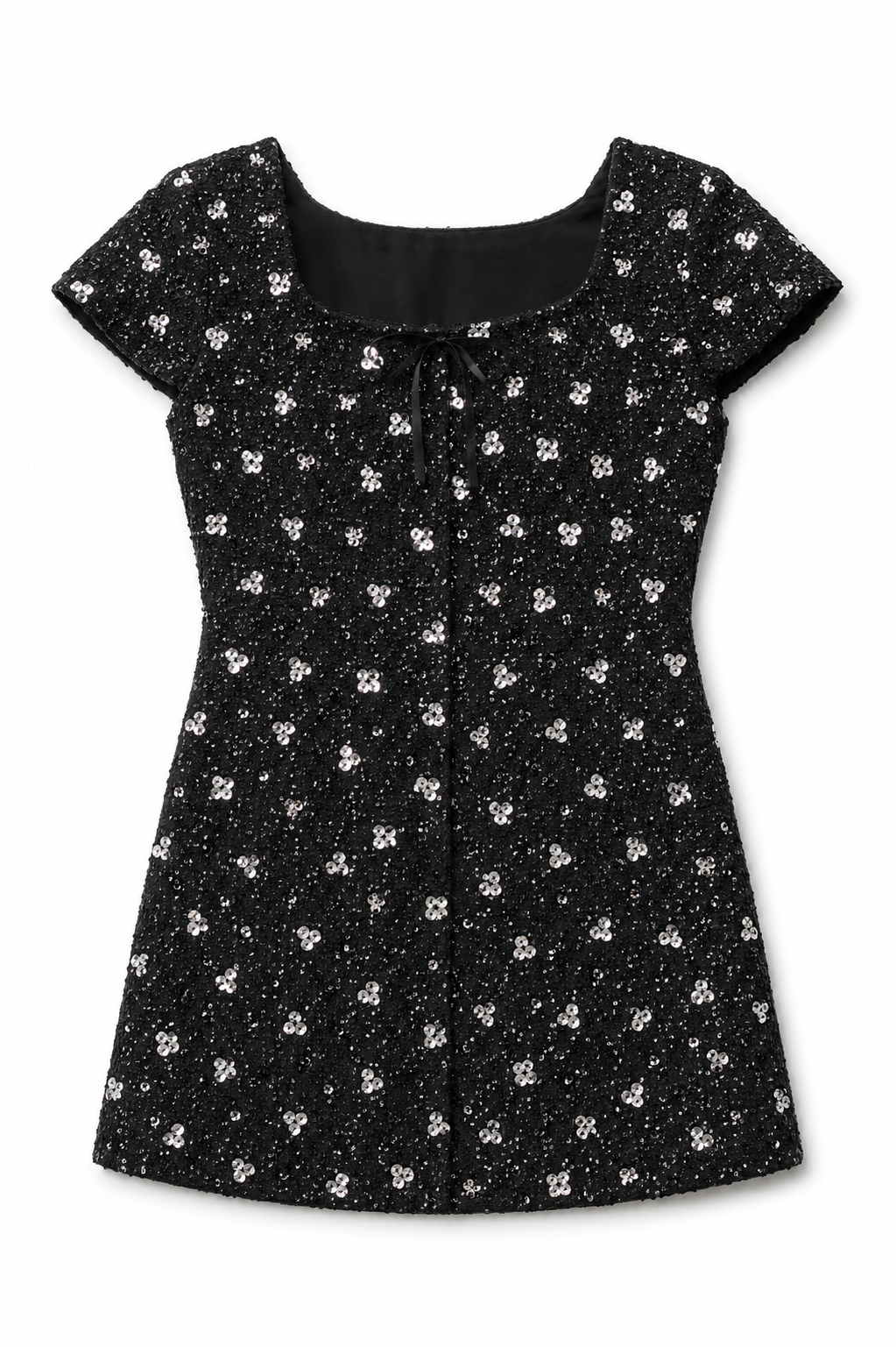 Zoe Black With Silver Flowers Sequin Boucle Cap Sleeve