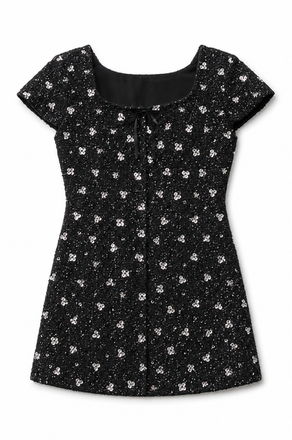 Zoe Black With Silver Flowers Sequin Boucle Cap Sleeve