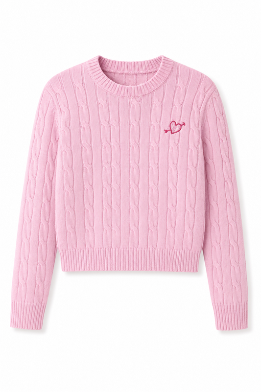 Leighton Light Pink Cable Knit Sweater Cable Knit Pullover With Heart Arrow Embroidery