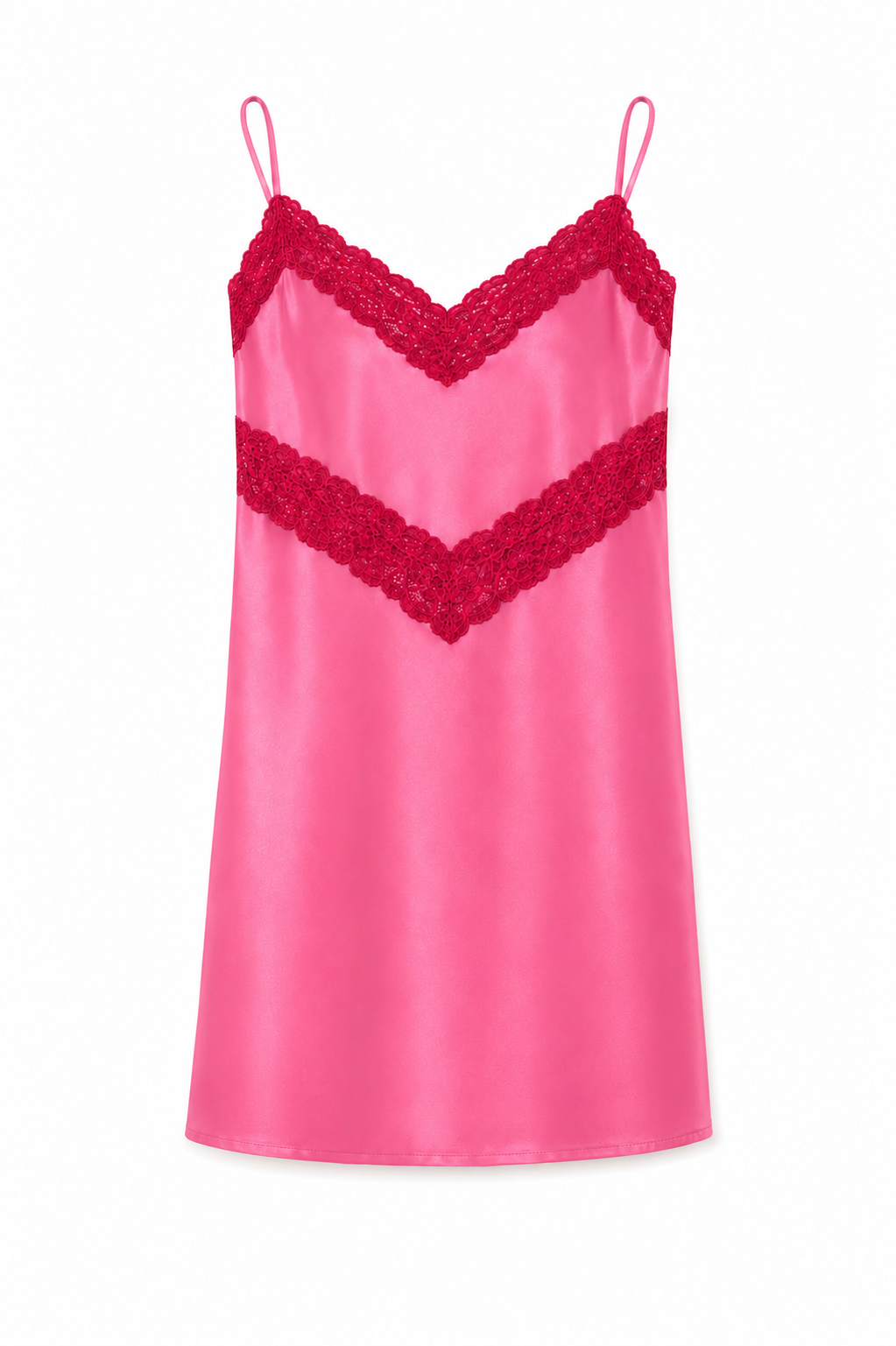 Jewels Lipstick Pink With Berry Lace Satin Dress With Lace Trim