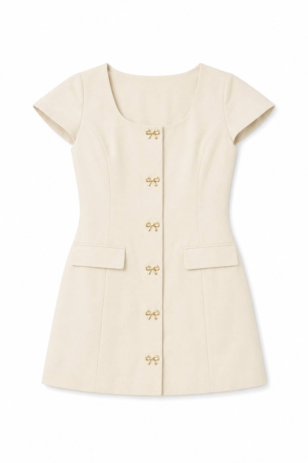 Zoe Cream With Bow Buttons Vegan Leather Cap Sleeve