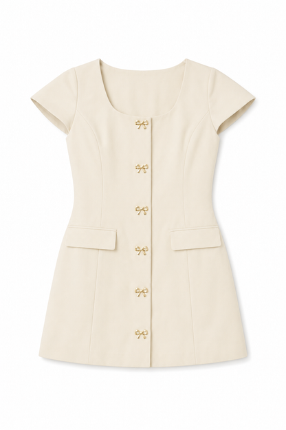 Zoe Cream With Bow Buttons Vegan Leather Cap Sleeve