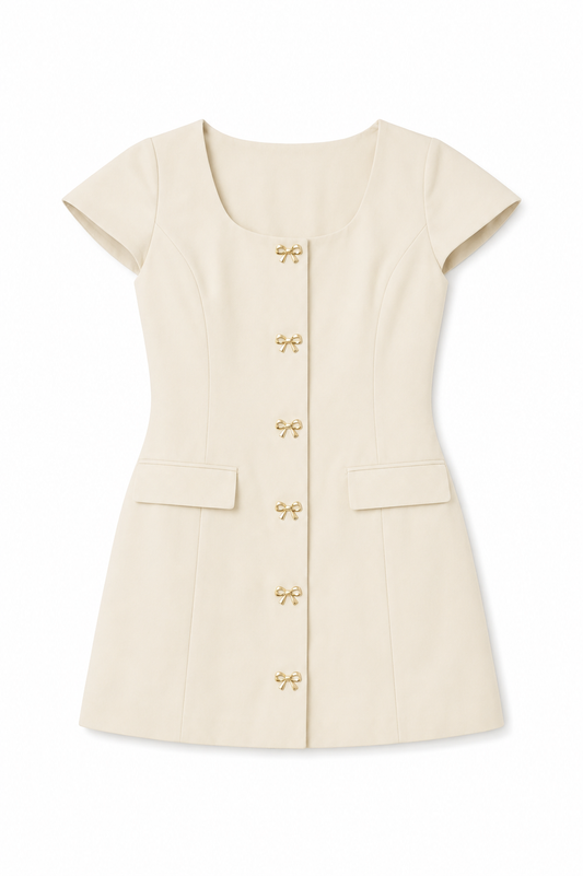 Zoe Cream With Bow Buttons Vegan Leather Cap Sleeve