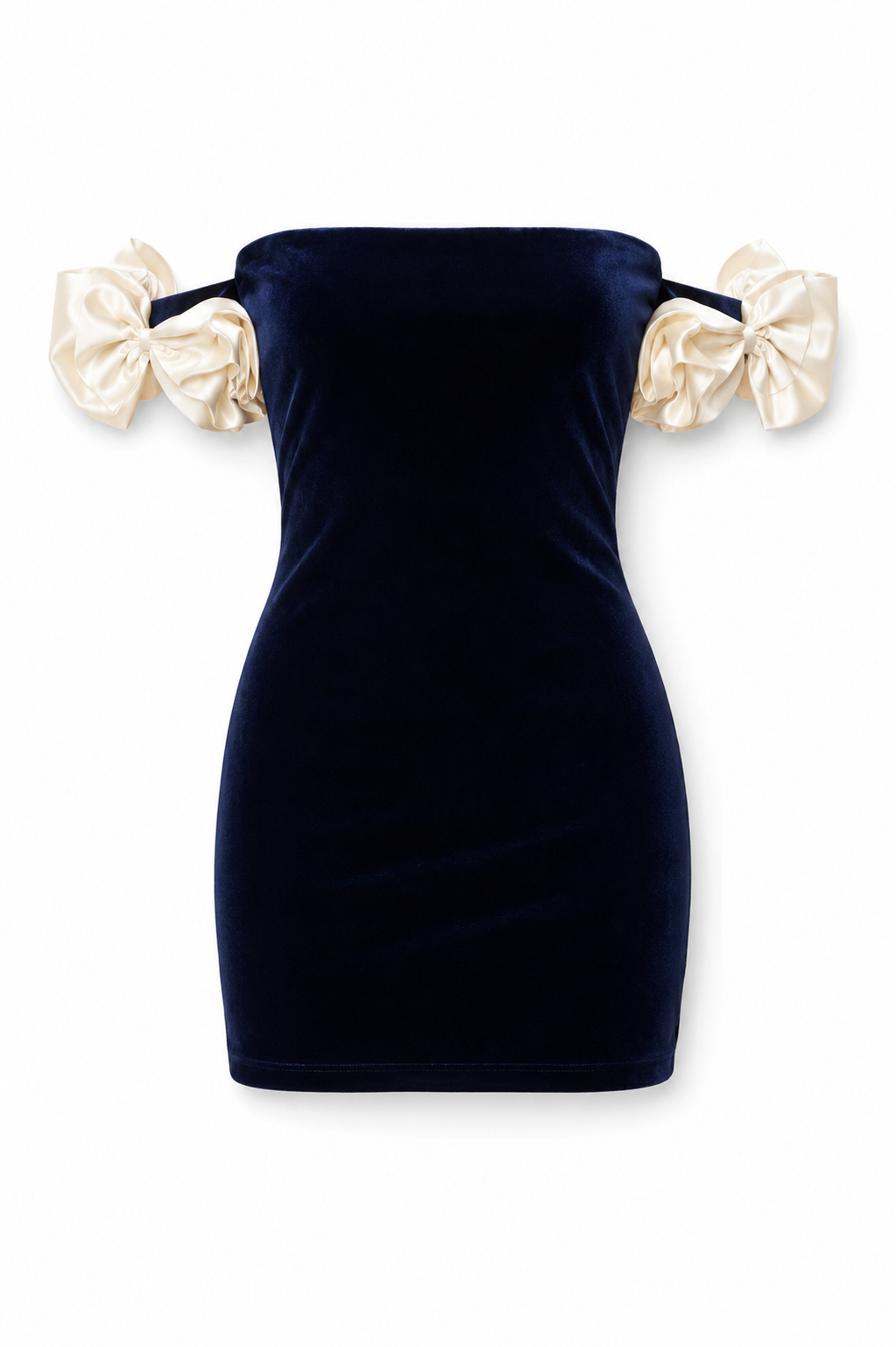 Montgomery Navy With Cream Rosette Off the Shoulder Velour Dress
