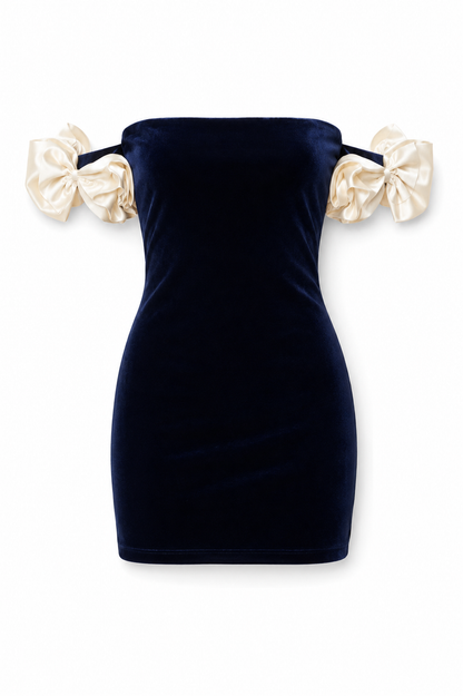 Montgomery Navy With Cream Rosette Off the Shoulder Velour Dress