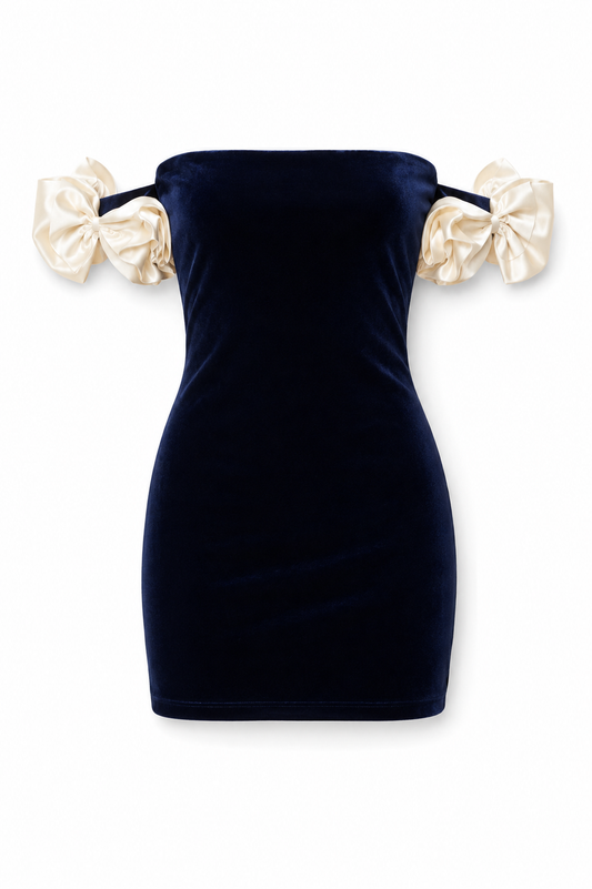 Montgomery Navy With Cream Rosette Off the Shoulder Velour Dress