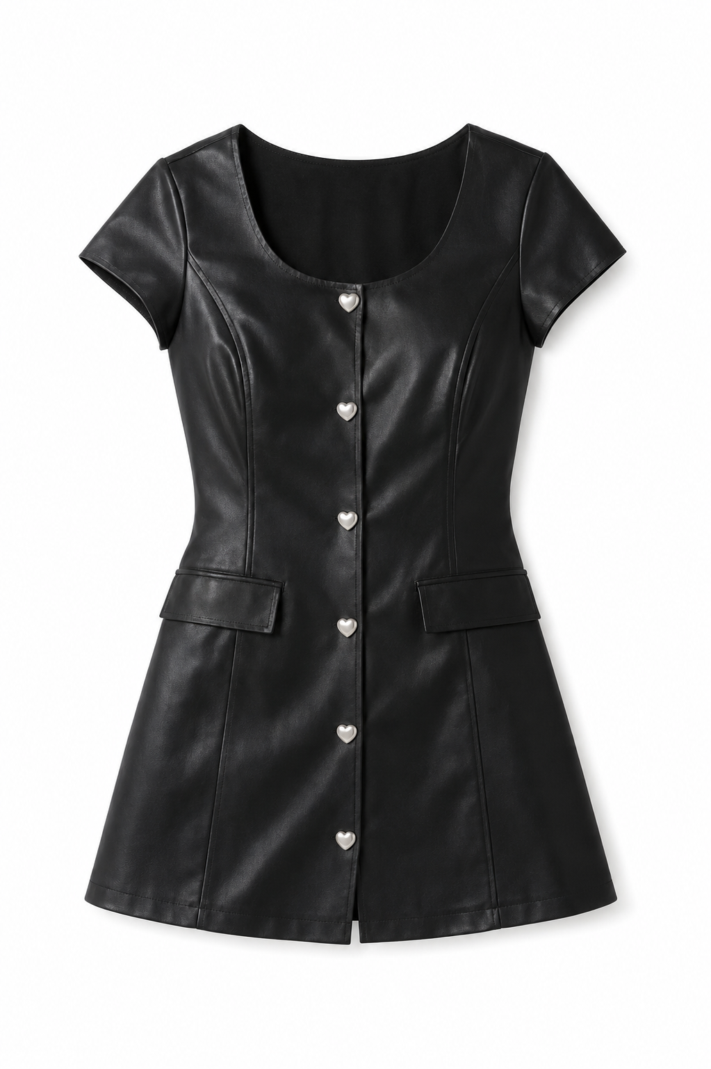 Zoe Black With Pearl Heart Buttons Vegan Leather Cap Sleeve
