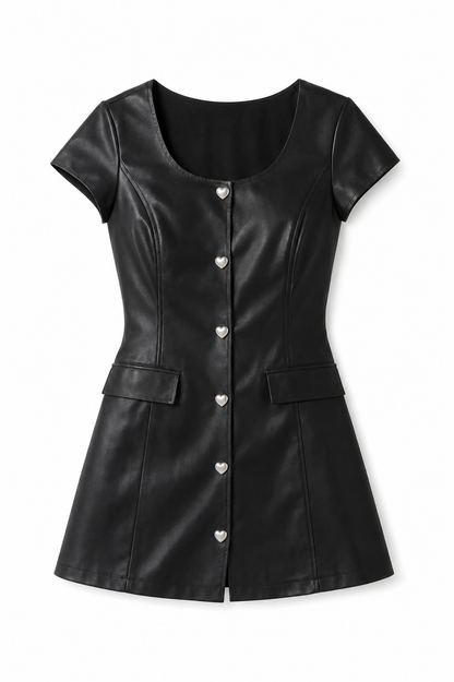 Zoe Black With Pearl Heart Buttons Vegan Leather Cap Sleeve