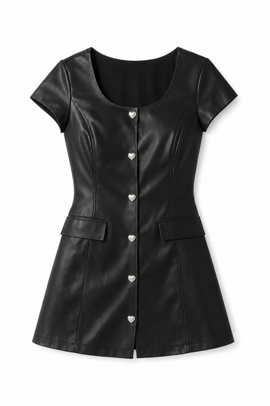 Zoe Black With Pearl Heart Buttons Vegan Leather Cap Sleeve