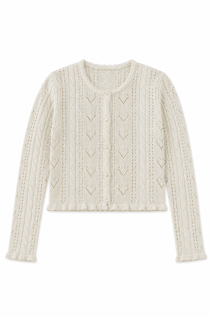 Ayla Creamy White Pointelle Knit Hearts Cardigan