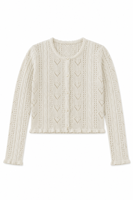 Ayla Creamy White Pointelle Knit Hearts Cardigan