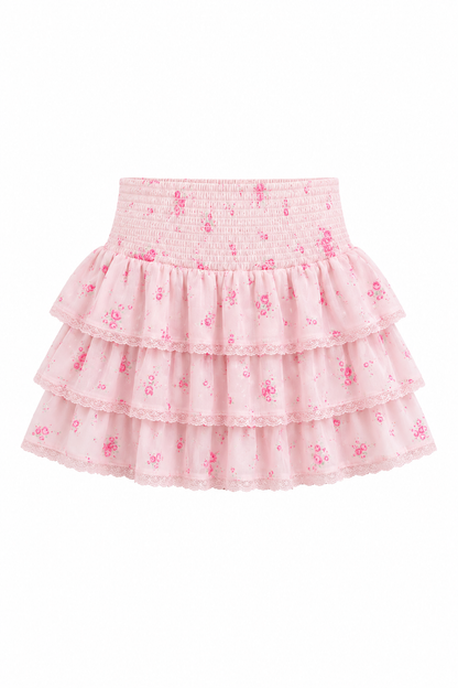 Gemma Vintage Rose Ballet Pink With Pink Lace Satin Smocked Ruffle Mini Skirt