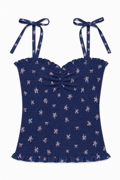 Georgia Rose Bow Navy Satin Smocked Top