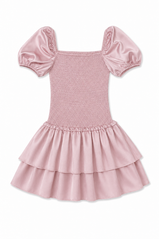 Lexi Mauve Satin Smocked Short Sleeve Ruffle Dress