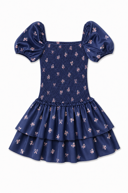 Lexi Rose Bow Navy Satin Smocked Short Sleeve Ruffle Dress