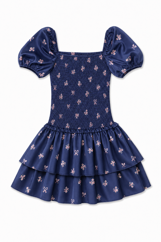 Lexi Rose Bow Navy Satin Smocked Short Sleeve Ruffle Dress