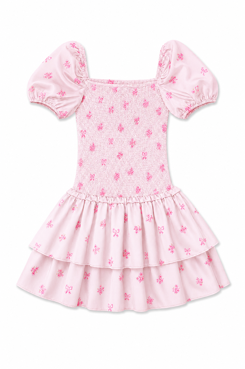 Lexi Vintage Rose Ballet Pink Satin Smocked Short Sleeve Ruffle Dress