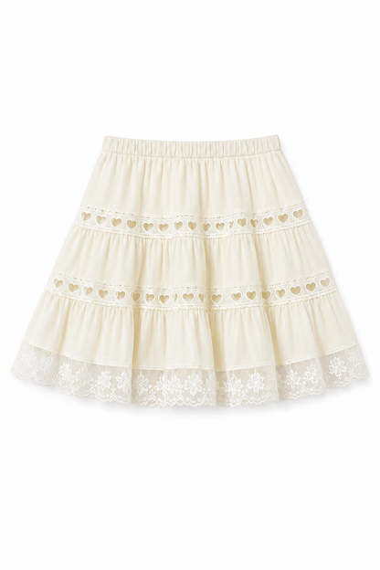 Sophia Cream Cotton Lace Heart Bow Lace Mini Skirt