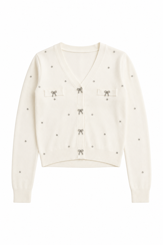 KTP15 Mickey Cream Studded With Rhinestones Sweater Cardigan
