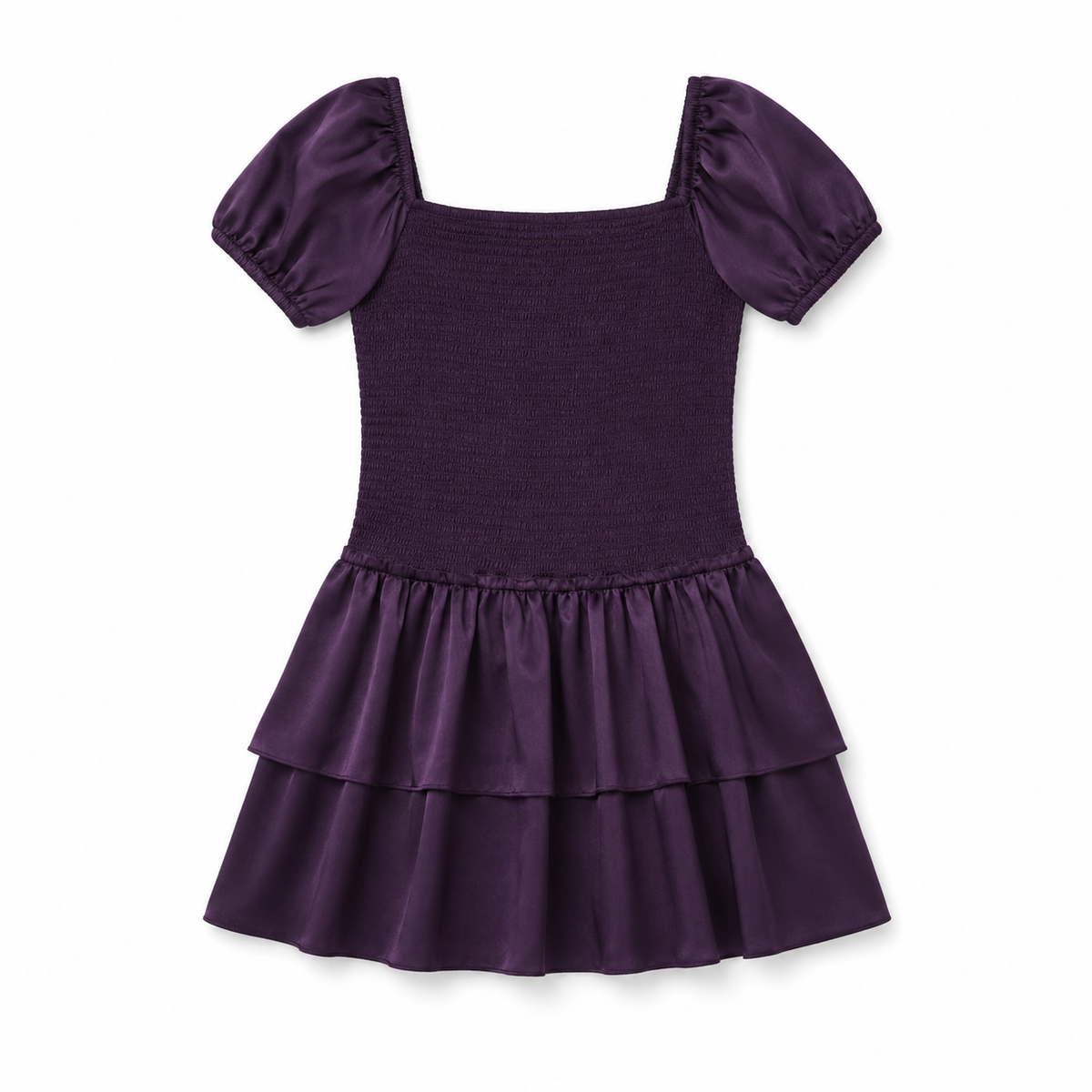 Lexi Aubergine Satin Smocked Short Sleeve Ruffle Dress