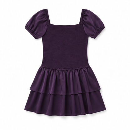 Lexi Aubergine Satin Smocked Short Sleeve Ruffle Dress