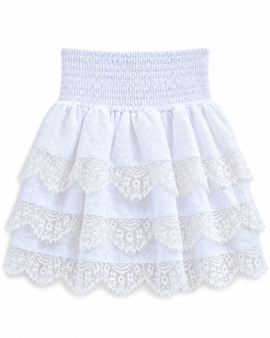 Gemma White Heart Smocked Ruffle Mini Skirt